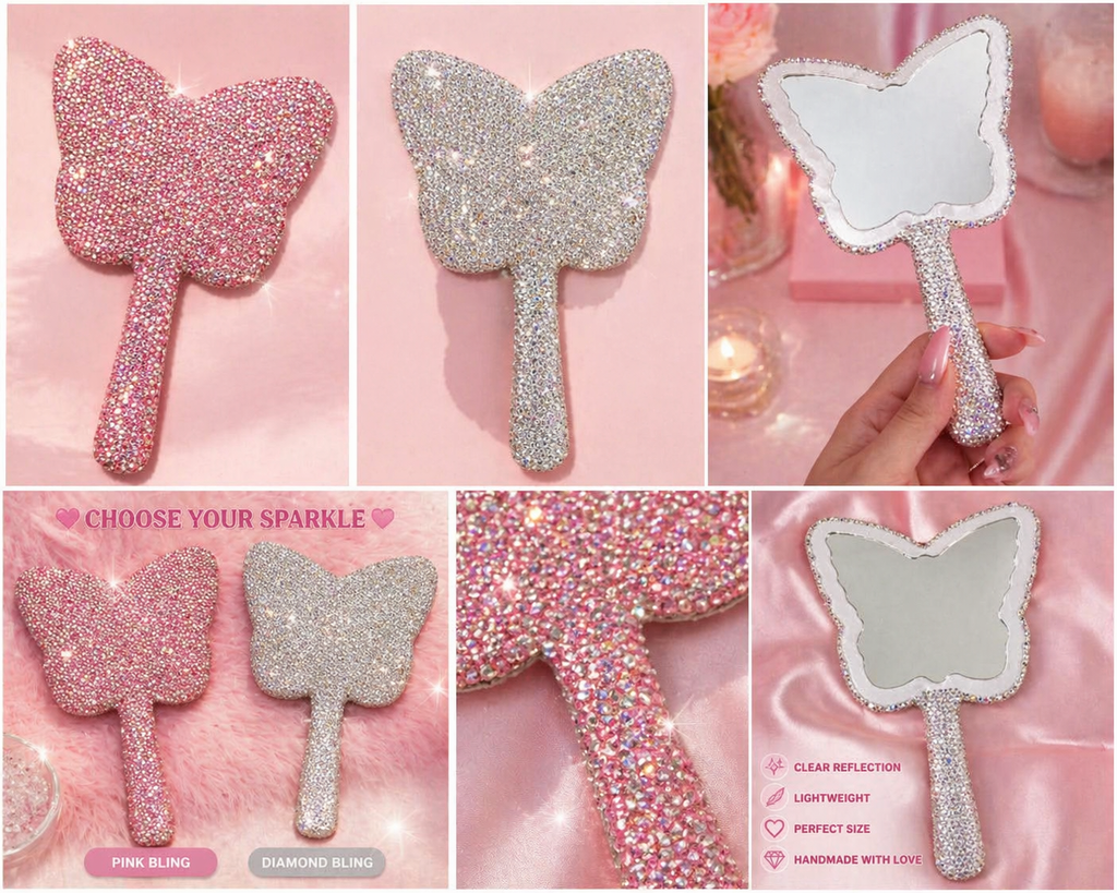 Bling Rhinestone Butterfly Hand Mirror – Luxury Sparkle Vanity Mirror