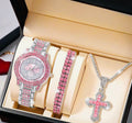 💖 Pink Ice Luxury Set – Watch, Bracelet, & Cross Necklace