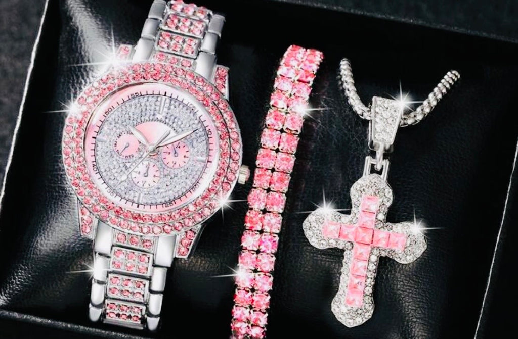 💖 Pink Ice Luxury Set – Watch, Bracelet, & Cross Necklace