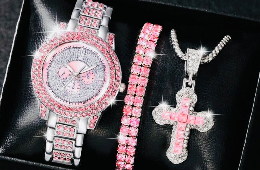💖 Pink Ice Luxury Set – Watch, Bracelet, & Cross Necklace