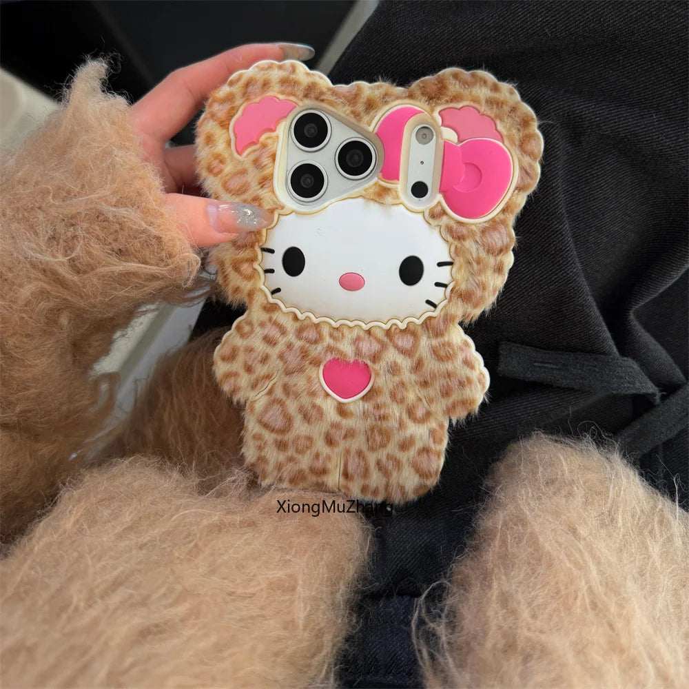 Cute Fluffy Hello Kitty Leopard Print Phone Case for IPhone 17 16 15 14 13 Pro Max 15 Plus 17 Pro Cartoon Warm Plush Back Cover