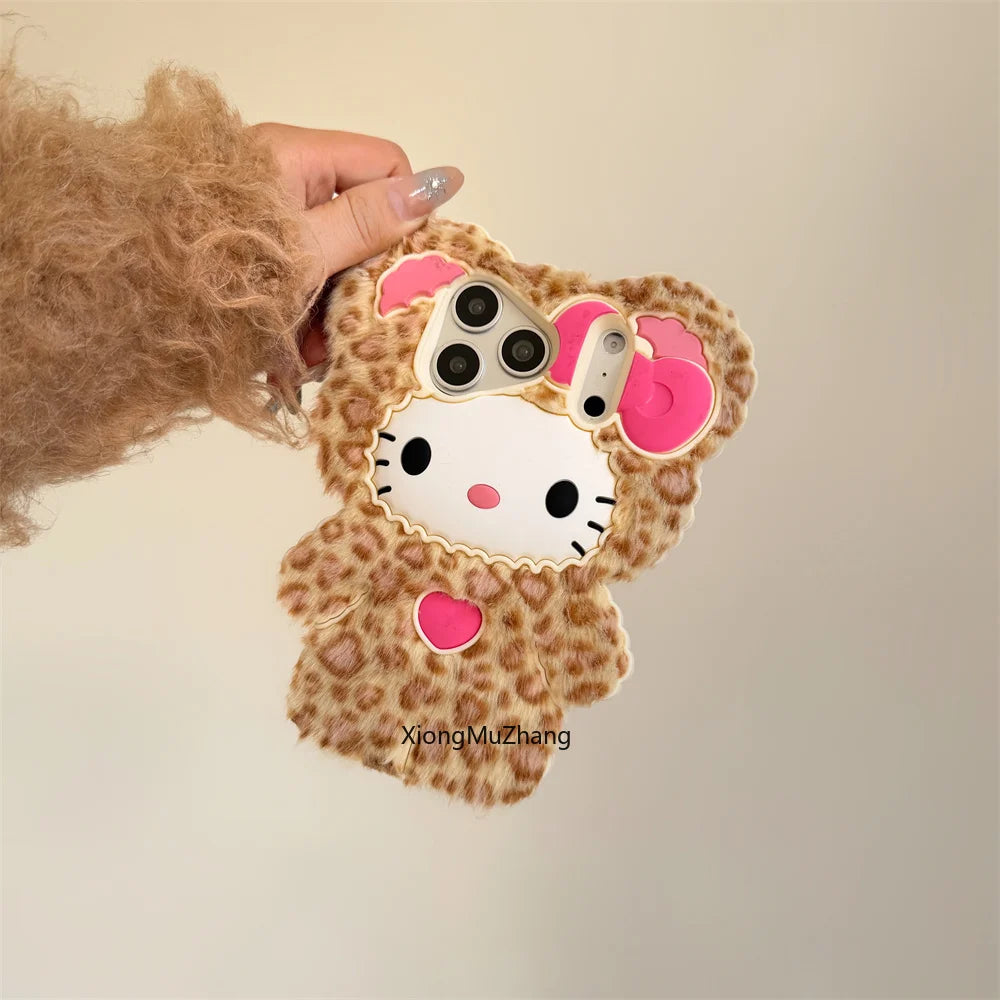 Cute Fluffy Hello Kitty Leopard Print Phone Case for IPhone 17 16 15 14 13 Pro Max 15 Plus 17 Pro Cartoon Warm Plush Back Cover