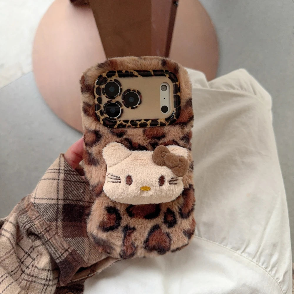 Sanrio Hello Kitty Furry Leopard print Plush Phone Case For iPhone