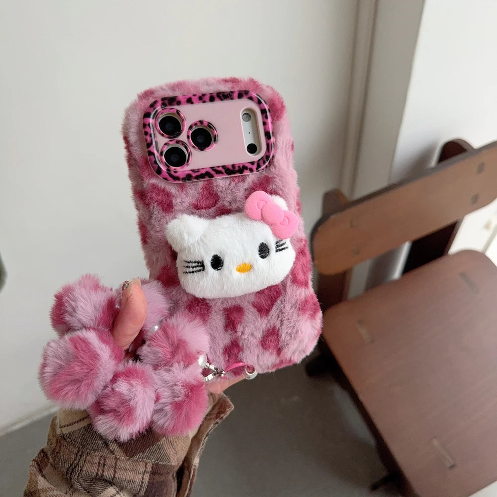 Sanrio Hello Kitty Furry Leopard print Plush Phone Case For iPhone