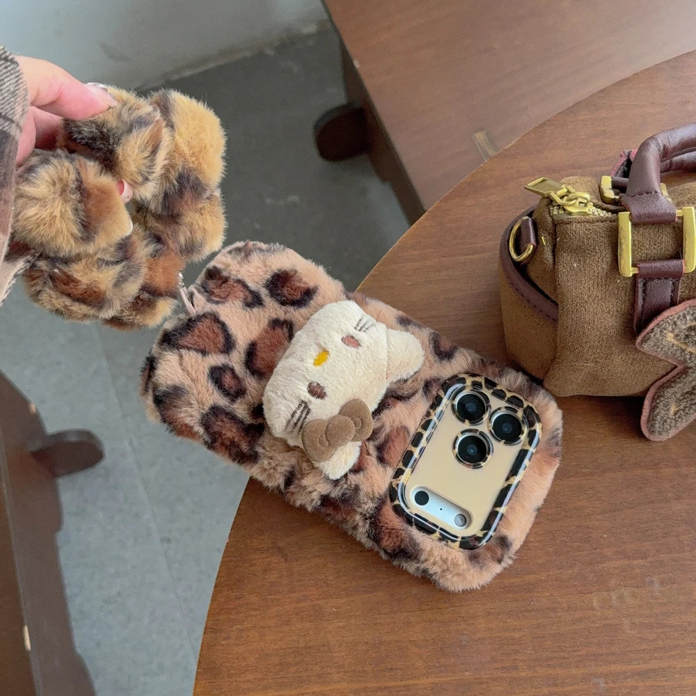 Sanrio Hello Kitty Furry Leopard print Plush Phone Case For iPhone
