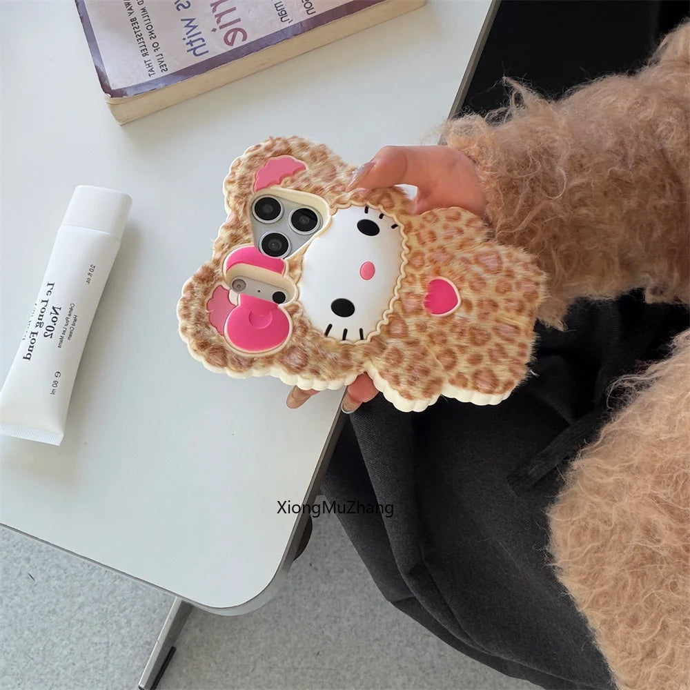 Cute Fluffy Hello Kitty Leopard Print Phone Case for IPhone 17 16 15 14 13 Pro Max 15 Plus 17 Pro Cartoon Warm Plush Back Cover