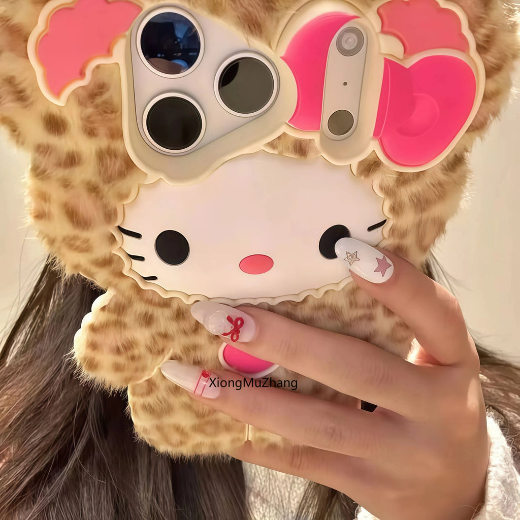 Cute Fluffy Hello Kitty Leopard Print Phone Case for IPhone 17 16 15 14 13 Pro Max 15 Plus 17 Pro Cartoon Warm Plush Back Cover