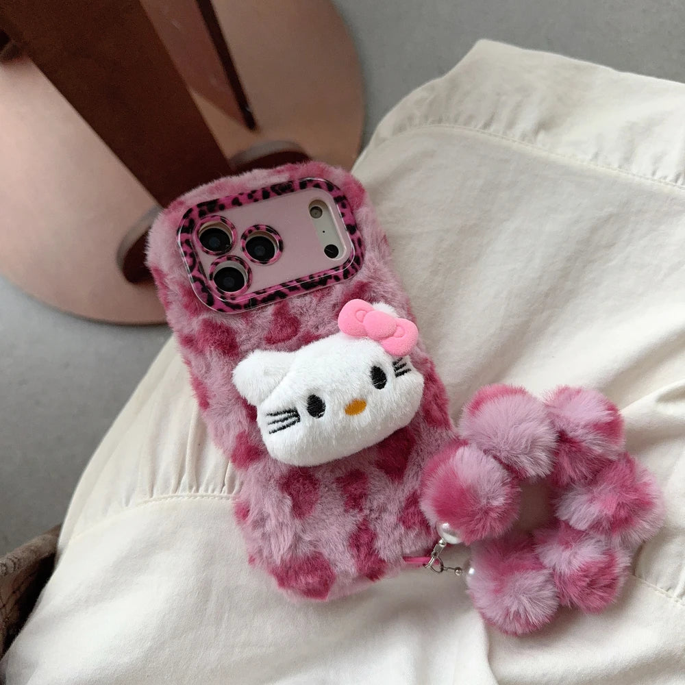 Sanrio Hello Kitty Furry Leopard print Plush Phone Case For iPhone
