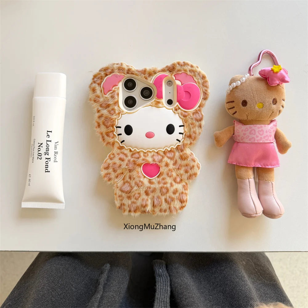 Cute Fluffy Hello Kitty Leopard Print Phone Case for IPhone 17 16 15 14 13 Pro Max 15 Plus 17 Pro Cartoon Warm Plush Back Cover