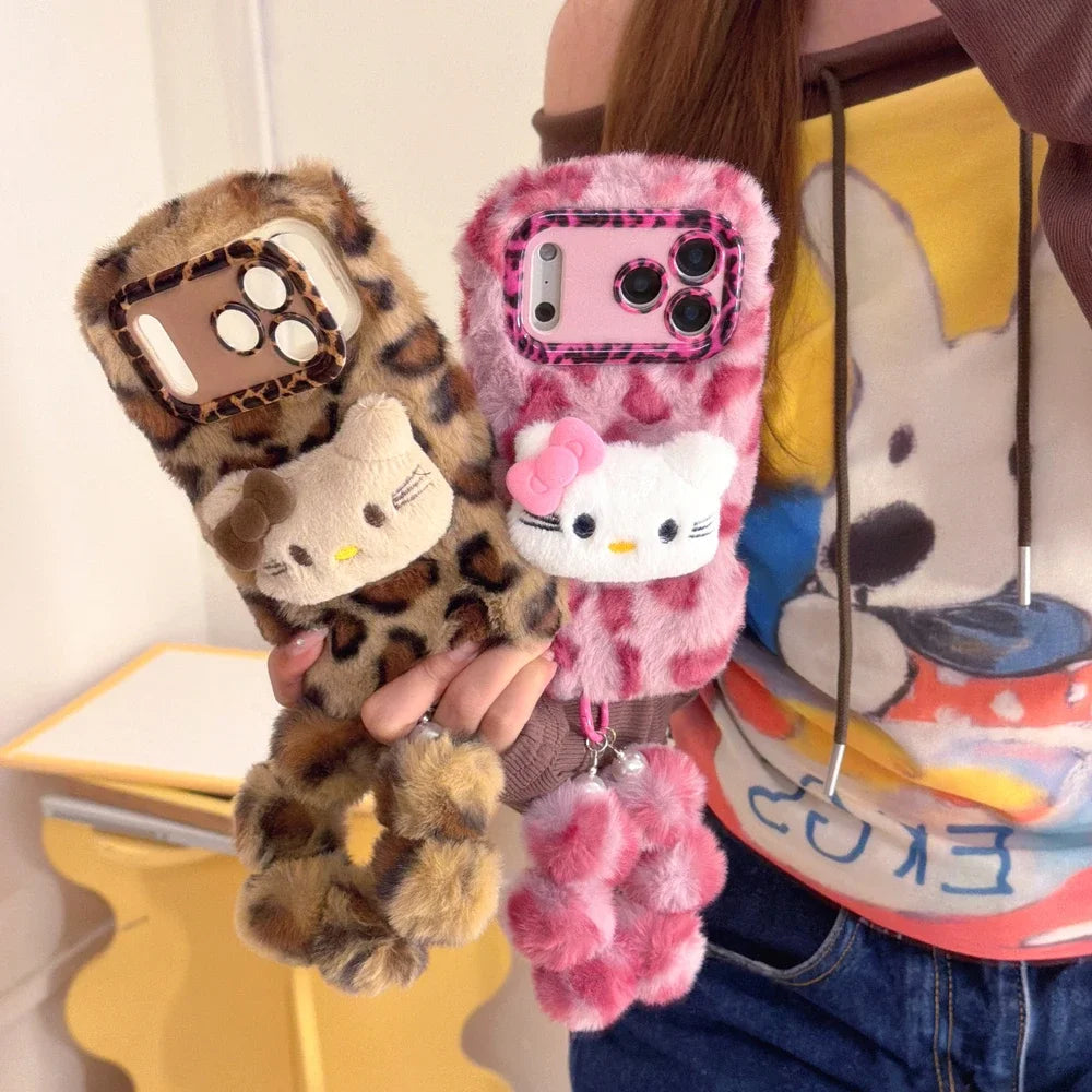 Sanrio Hello Kitty Furry Leopard print Plush Phone Case For iPhone
