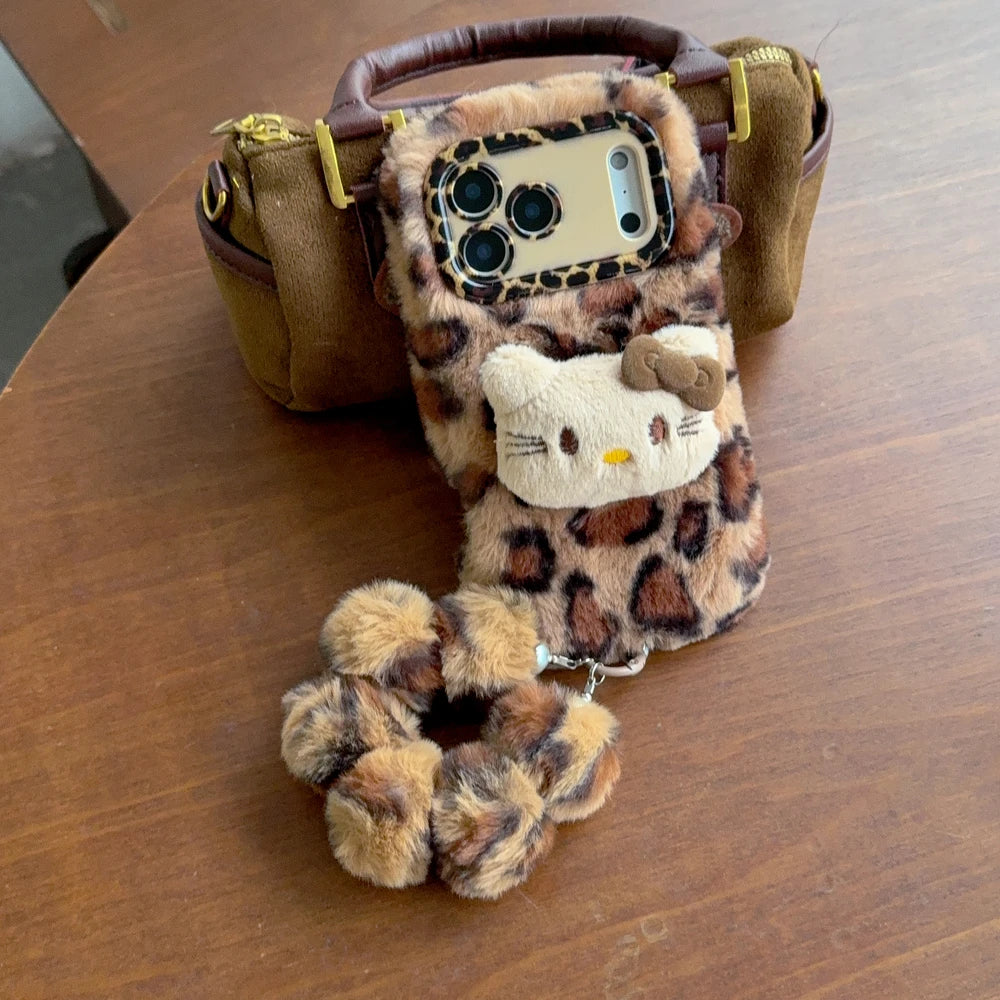 Sanrio Hello Kitty Furry Leopard print Plush Phone Case For iPhone