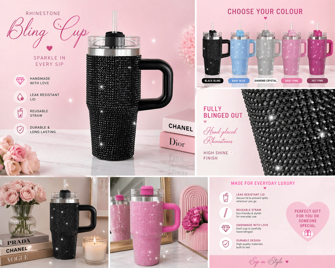 Rhinestone Bling Tumbler Cup (With Handle & Straw)
